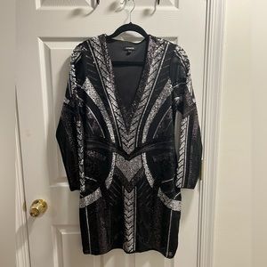 Black & Silver Sequin Long-Sleeve Mini Dress - Express, Size Large